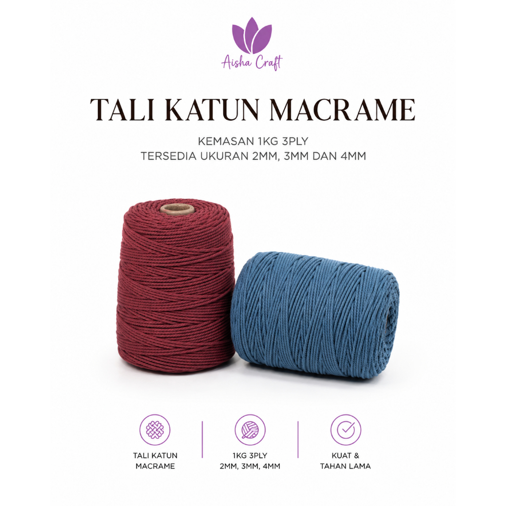 Tali Katun Macrame Warna 2MM 3MM 4MM 1KG 3PLY | Murah | Berkualitas | Tidak Berserabut