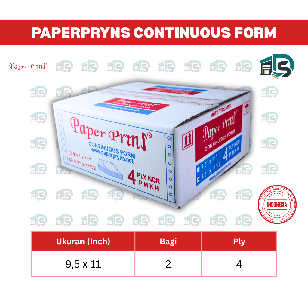 Kertas Continuous Form PaperPryns - 9,5" x 11" (Bagi 2) - 4 Ply - Putih, Merah, Kuning, Biru