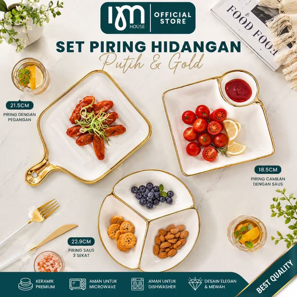 INMINDHOUSE - Piring Saji Keramik Emas Piring Keramik 3 Bagian/ Piring keramik kotak sekat 4 elegant