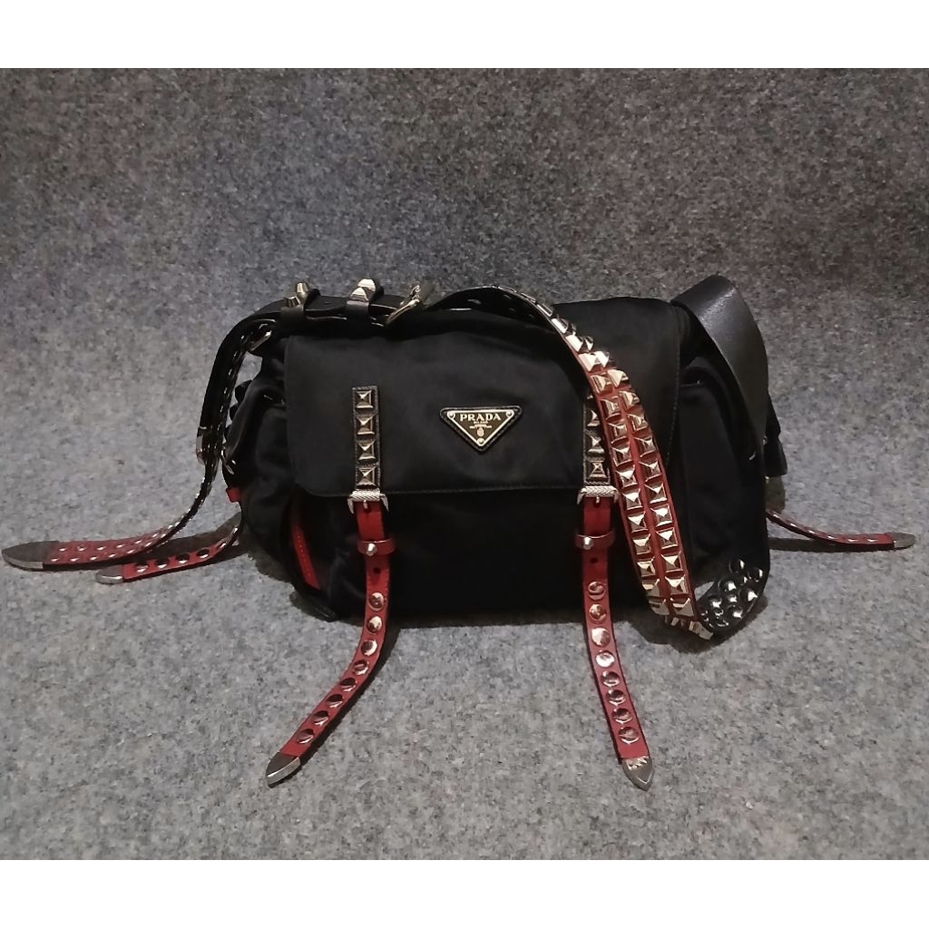 Prada Vela Messenger Studed Tessuto Black Nylon Auth. Preloved