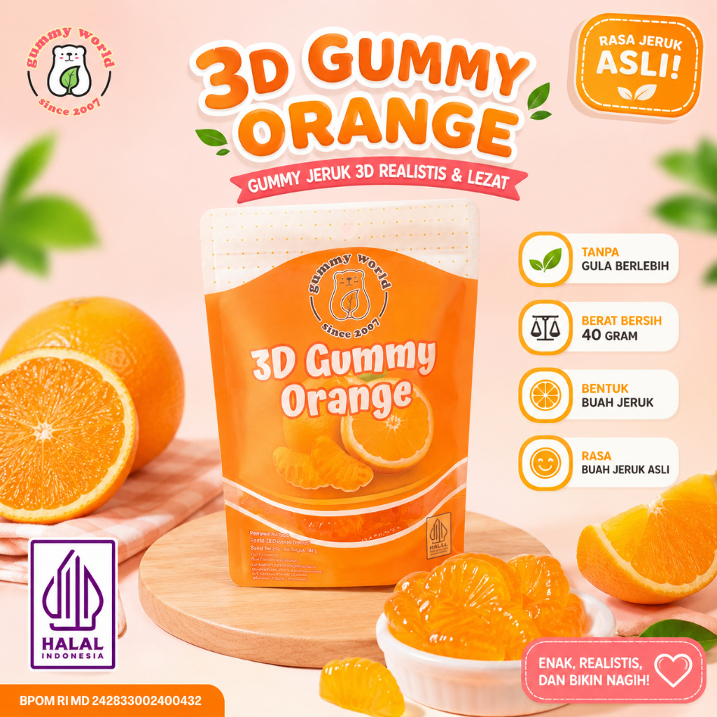 3D Gummy Orange (Permen Jeli 3D Bentuk Buah Jeruk Asli)