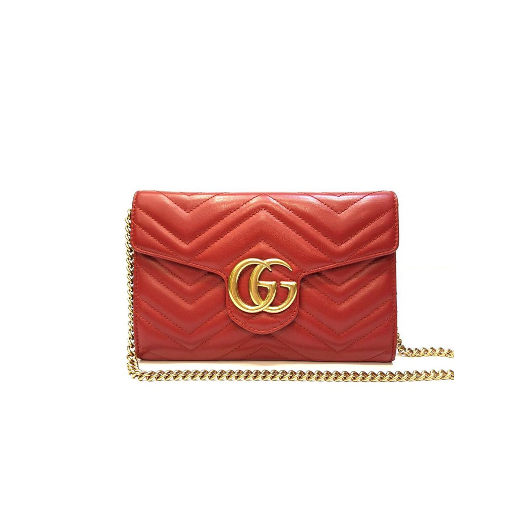 (PRELOVED) Gucci Calfskin Matelasse GG Marmont Chain Wallet Hibiscus Red