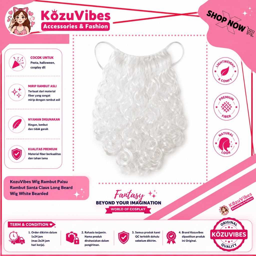 Kozuvibes Wig Rambut Palsu Rambut Santa Claus Long Beard Wig White Bearded
