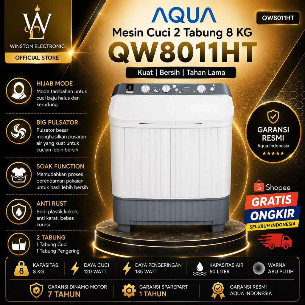 AQUA Mesin Cuci 2 Tabung 8KG QW 8011HT / QW8011HT / QW 8011HT Twin Tube/100% original/Garansi Resmi