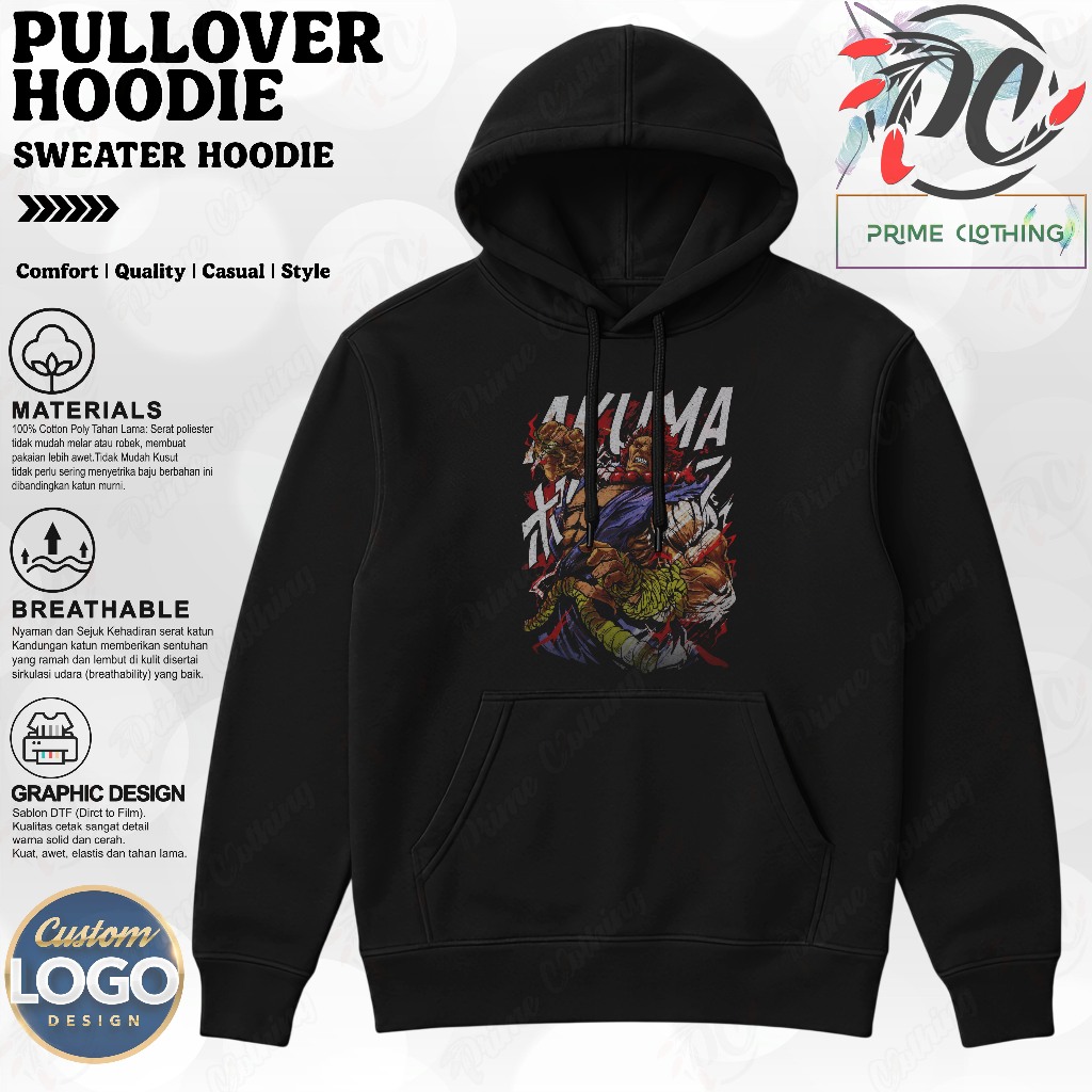 HOODIE DEWASA SWEATER HOODIE HITAM CUSTOM LOGO DESIGN SUPERHERO STREET FIGHTER AKUMA