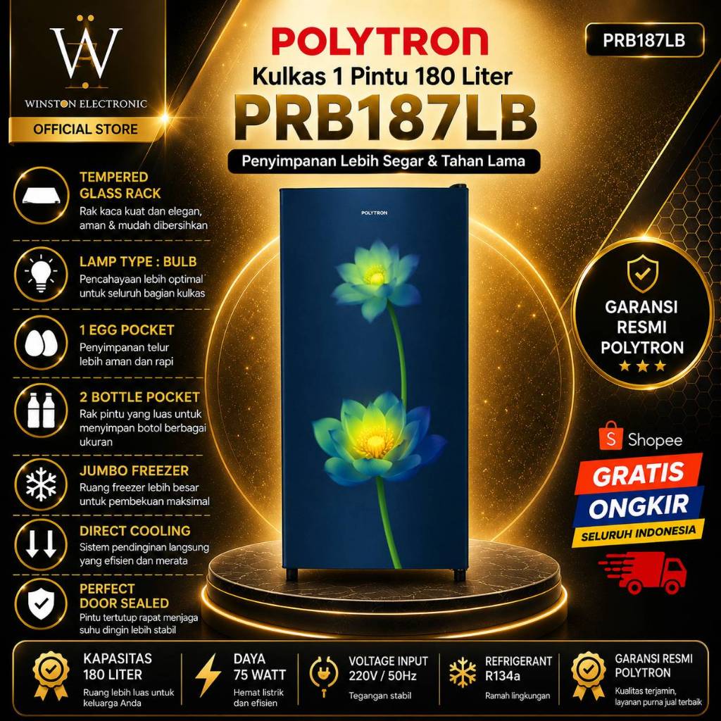 Kulkas POLYTRON 1 Pintu PRB187LB 180L/PRB-187LB/PRB 187LB/POLYTRON/KULKAS POLYTRON/ORIGINAL/GARANSI