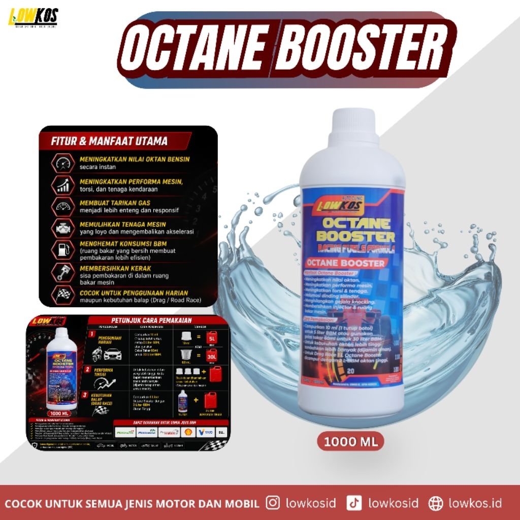 LOWKOS Octane Booster 1 Liter Original - Aditif Penghemat BBM Peningkat Oktan Performa Mesin Mobil M