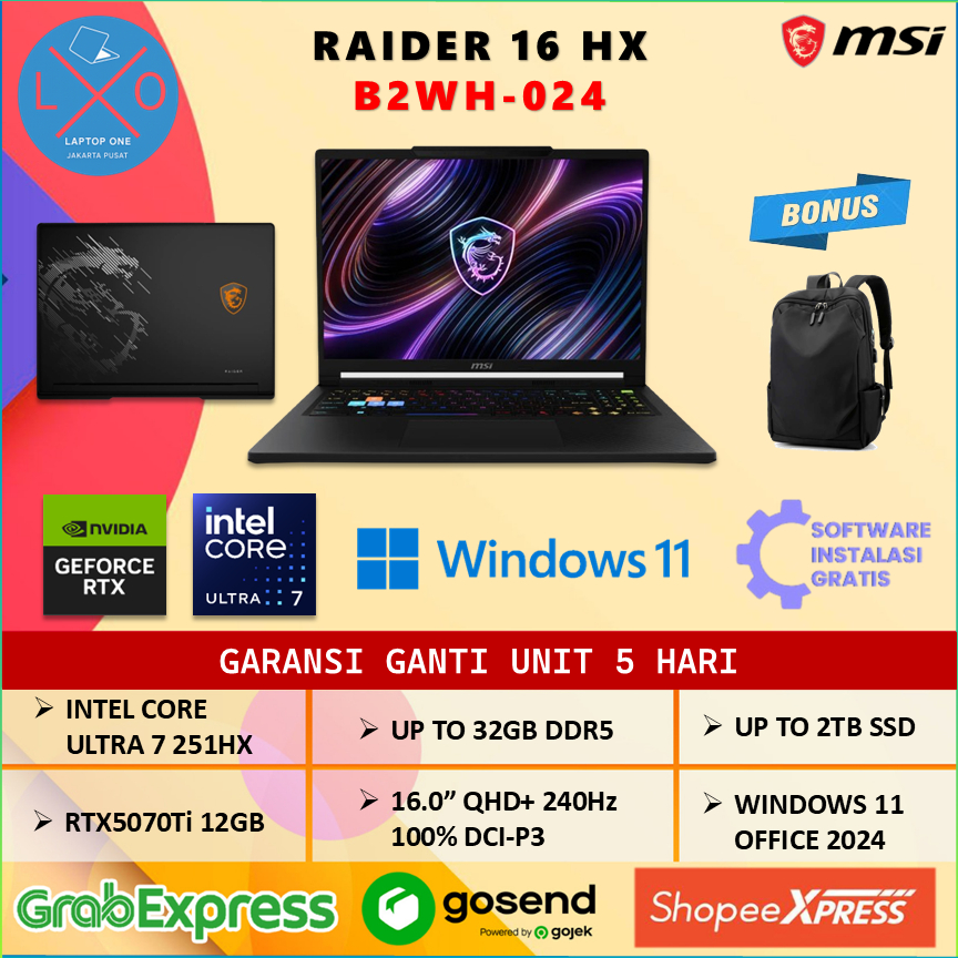 Laptop MSI Raider 16 HX RTX5070Ti 12GB Ultra 7 251HX 32GB 2TB 16.0" QHD+ 240Hz Windows 11 + OHS 2024