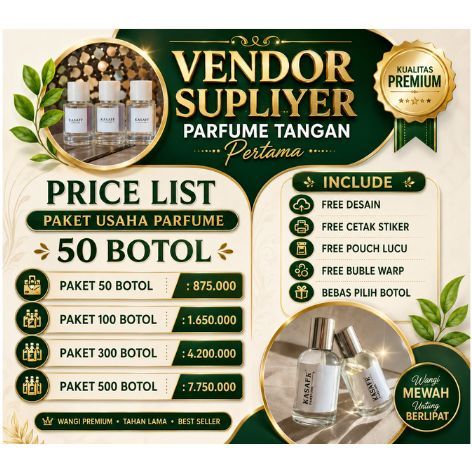 50 BTL PAKET USAHA PARFUM PREMIUM PRIA & WANITA KETAHANA 4-6JAM  ( BISA CUSTOM BRAND MERK SENDIRI ) 