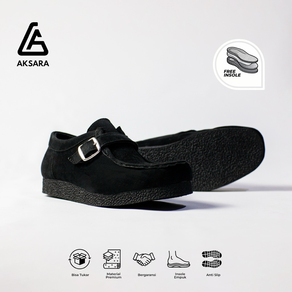 AKSARA - Sepatu Pria Wanita Clarks Wallabee Formal Kasual Material Full Suede Hitam Model Slip-on