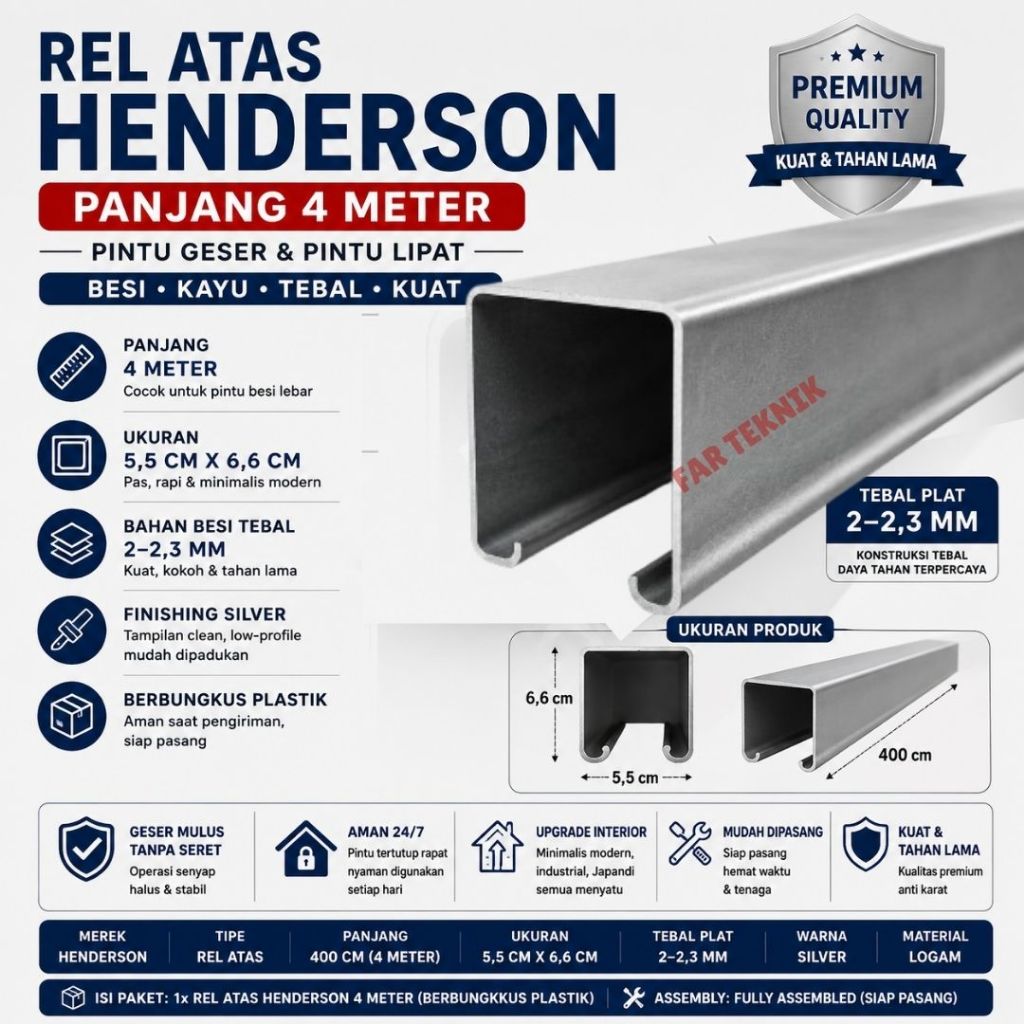 Rel Atas Henderson 4 Meter Premium Pintu Geser & Pintu Lipat Besi Kayu Tebal Kuat