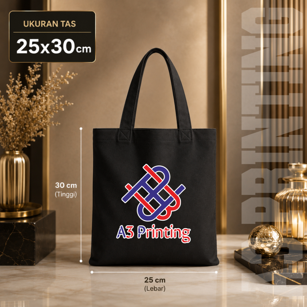 Tas Canvas Hitam 25x30 Custom Full Color | Tote Bag Kanvas Polos Premium Printing DTF/Sablon Logo Fo