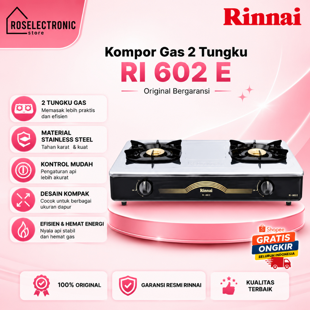 Rinnai Kompor Gas 2 Tungku RI 602 E Original Bergaransi/RI602E/RI 602E/RI 602 E/RI-602-E/RI-602E