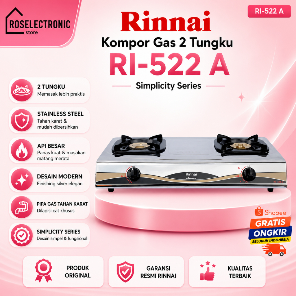 KOMPOR GAS RINNAI 2 TUNGKU RI-522 A/RI-522A/RI522A/RI 522A/RI 522 A/API BESAR/ORIGINAL GARANSI RESMI