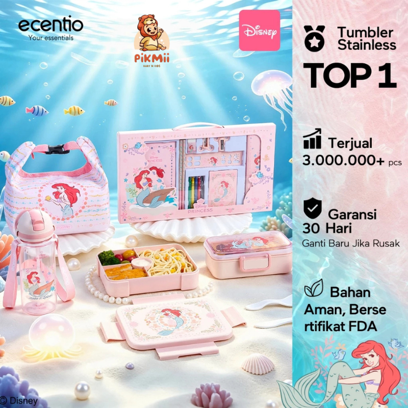 ecentio×Disney Princess Ariel Botol Minum Kotak Makan Anak Anti Tumpah Lunch Box Snack box Free Send