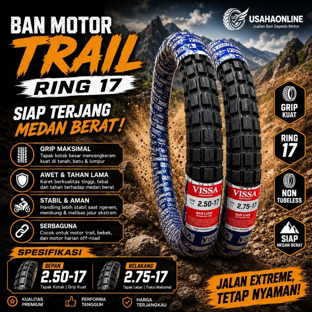 Ban Motor Trail Ring 17 Depan 2.50-17 Belakang 2.75-17 | Ban Trail Tapak Kotak Grip Kuat | Ban Motor