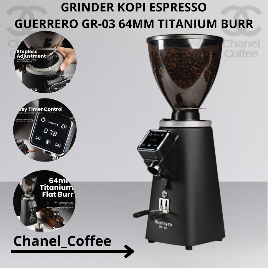 Grinder Kopi Espresso Guerrero GR-03 64MM Titanium Flat Burr Hitam Digital