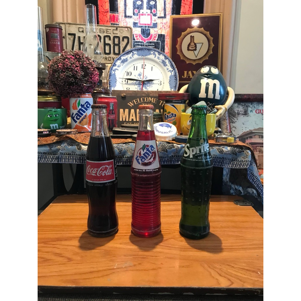 Set Botol Kaca Coca Cola Fanta Sprite Vintage Jadul Antik Dekorasi 3 PCS