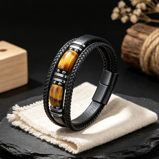 Gelang Kulit Pria Hiasan Batu Mata Harimau Alami Baja Titanium Hitam