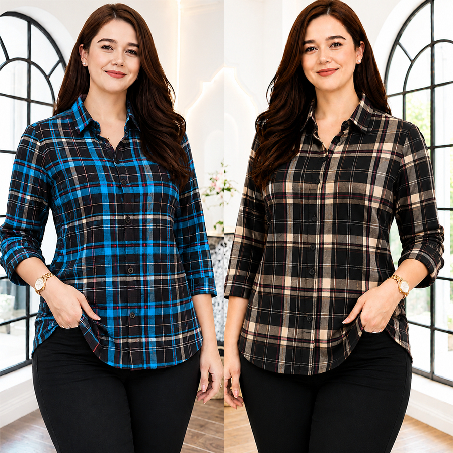 kemeja rayon  wanita jumbo motif kotak kotak lengan panjang 7/8 model terbaru
