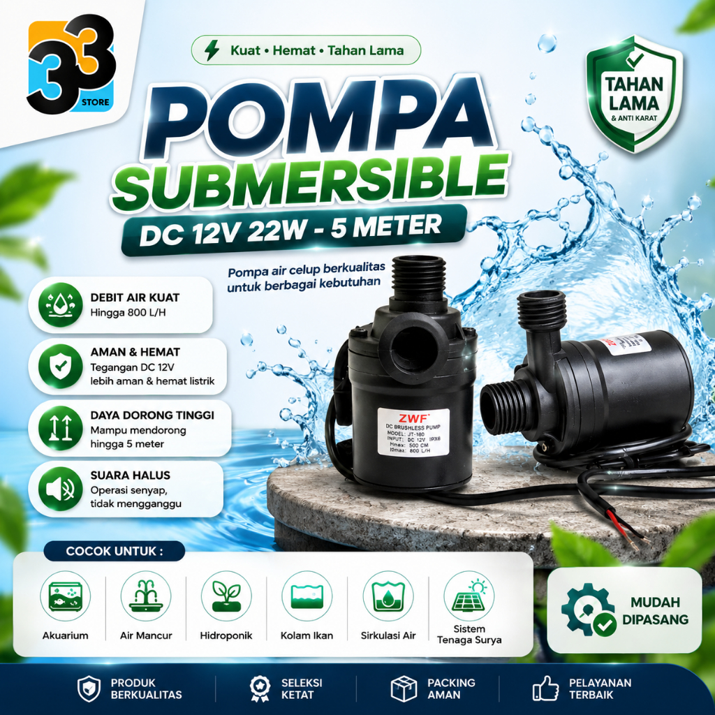 Pompa sumersible dc 12v 22watt 5meter pompa air submersible - Store Of 33