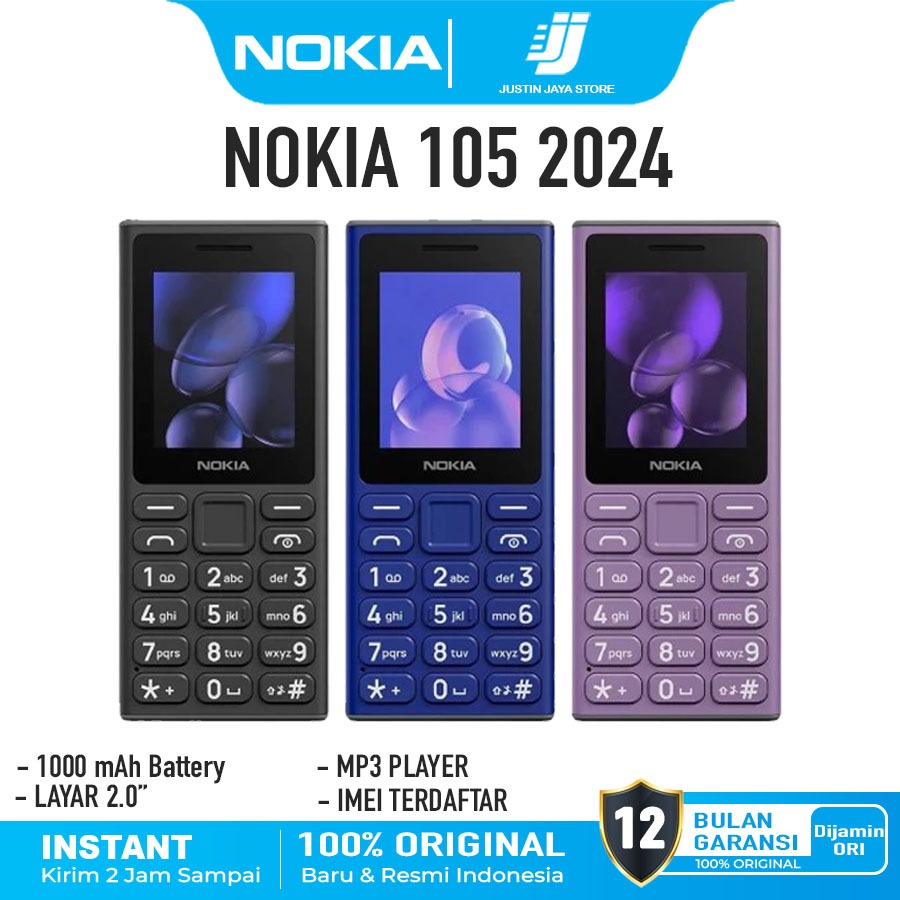 Handphone HP Nokia 105 2023 & HP Nokia 105 2024 Jadul Original Garansi Resmi Nokia 1Tahun