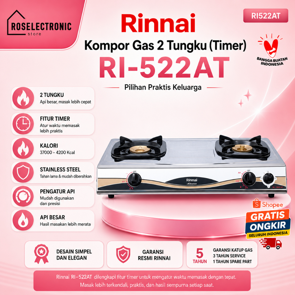 RINNAI RI522AT KOMPOR GAS 2 TUNGKU/RI-522-AT/RI-522AT/RI 522AT/RI 522 AT/RI-522 AT