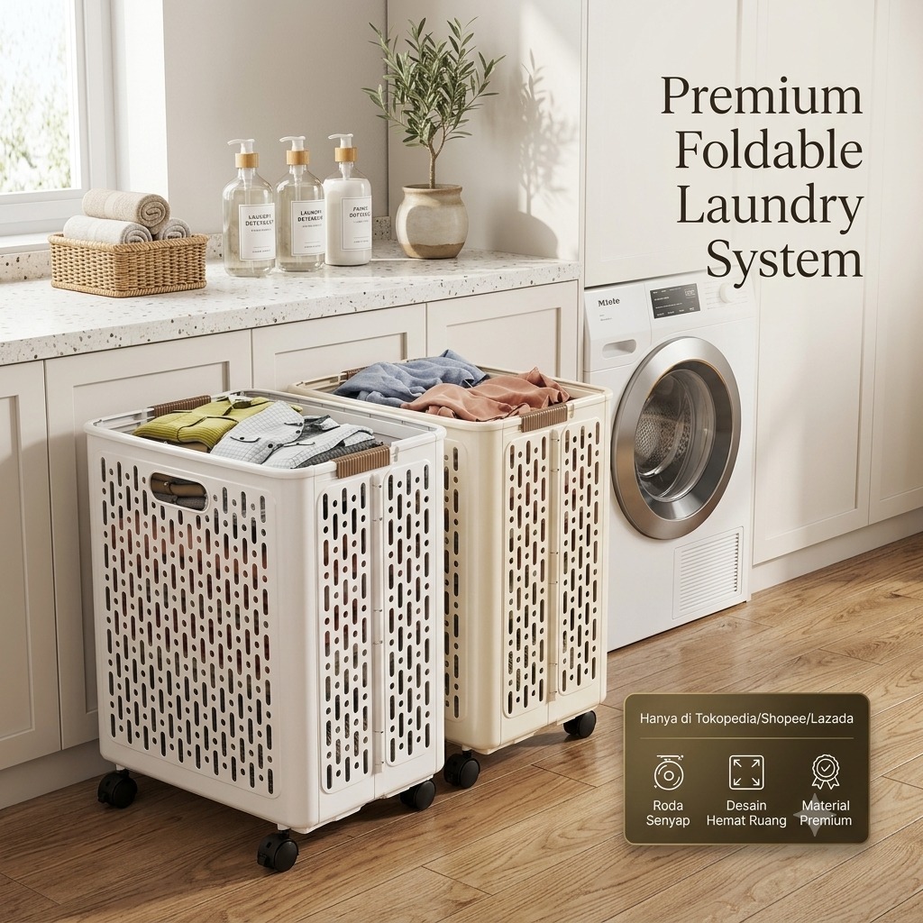Keranjang Laundry Lipat Bahan Plastik Ada 4 Roda 360 Derajat