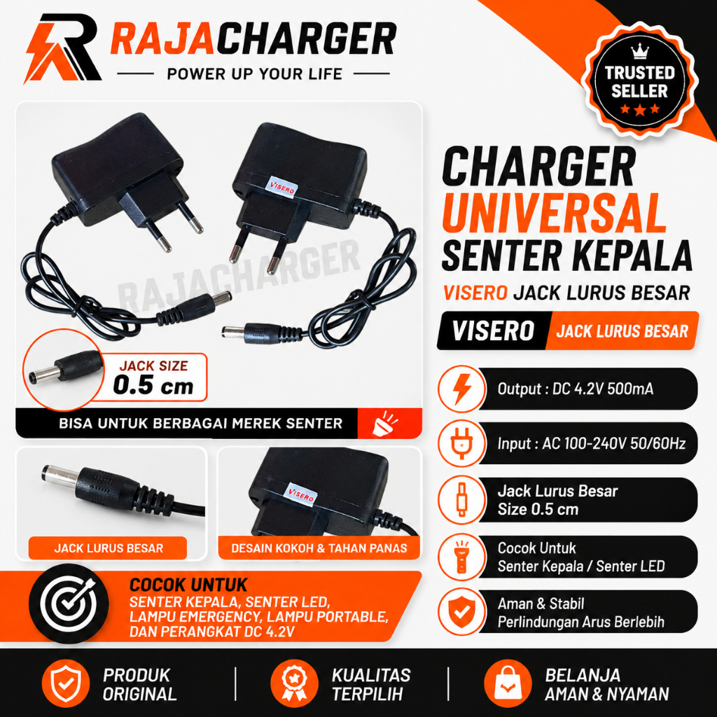 Charger Senter Kepala Headlamp Visero JACK LURUS Besar Dc 4.2V 500 Mah Senter Cas Senter