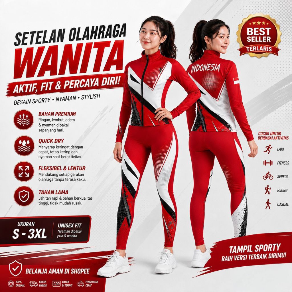 setelan olahraga baju senam terbaru SXB SPORT EDISI MERAH PUTIH