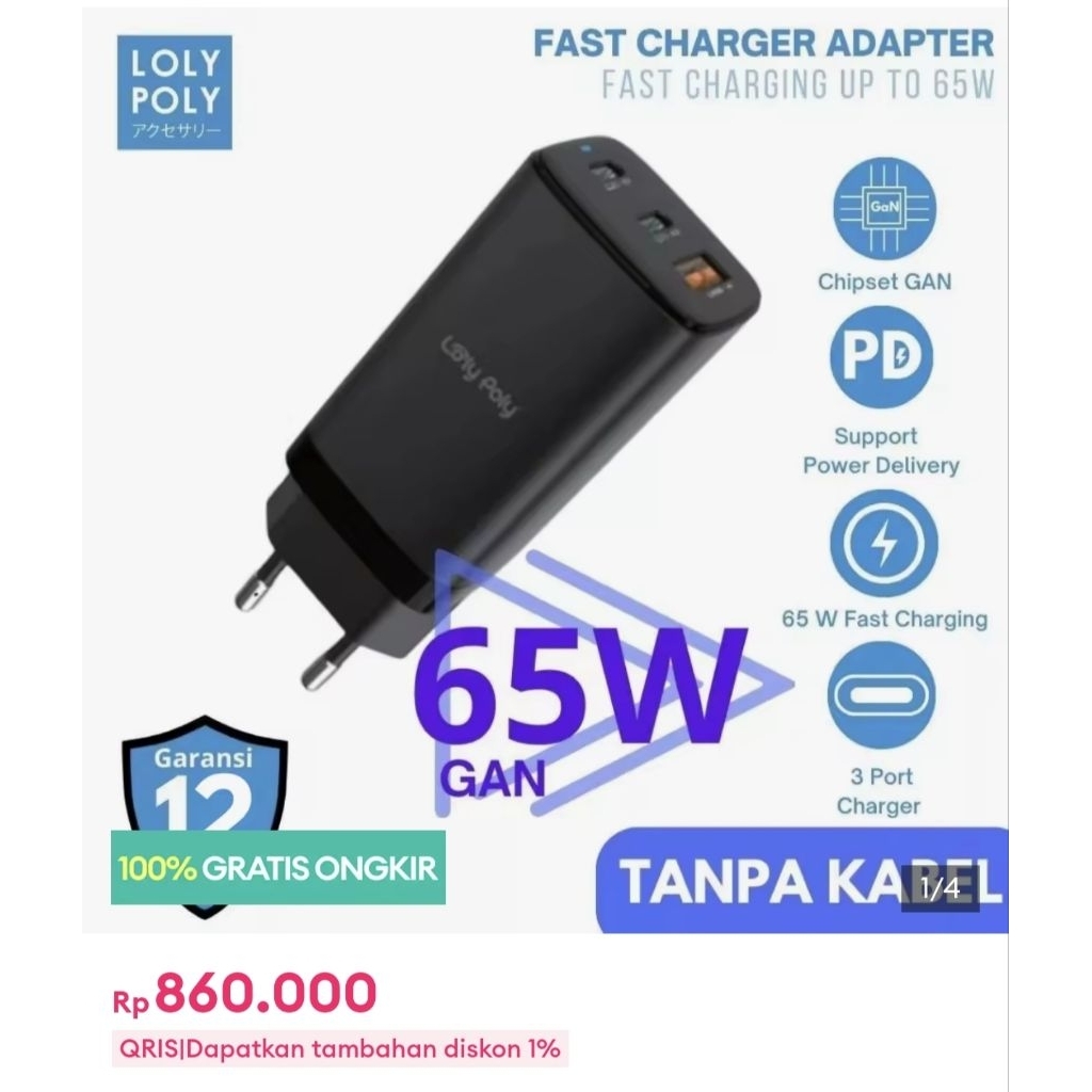 Lolypoly Home Charger Lolypoly 65W GanFast Charger dengan 3 port charger