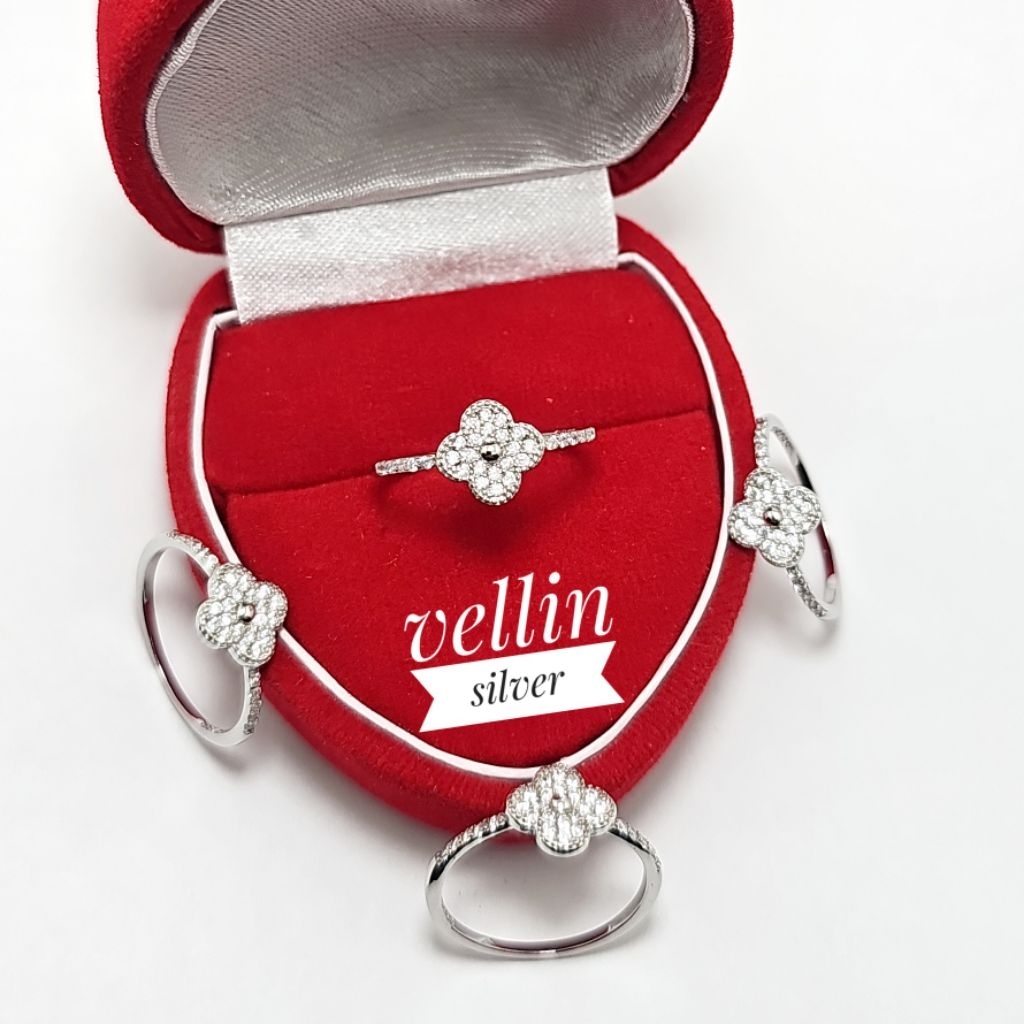 Cincin Bunga Silver 925 Lapis Emas Putih - Fashion Cincin Wanita Elegan Perak Asli 925