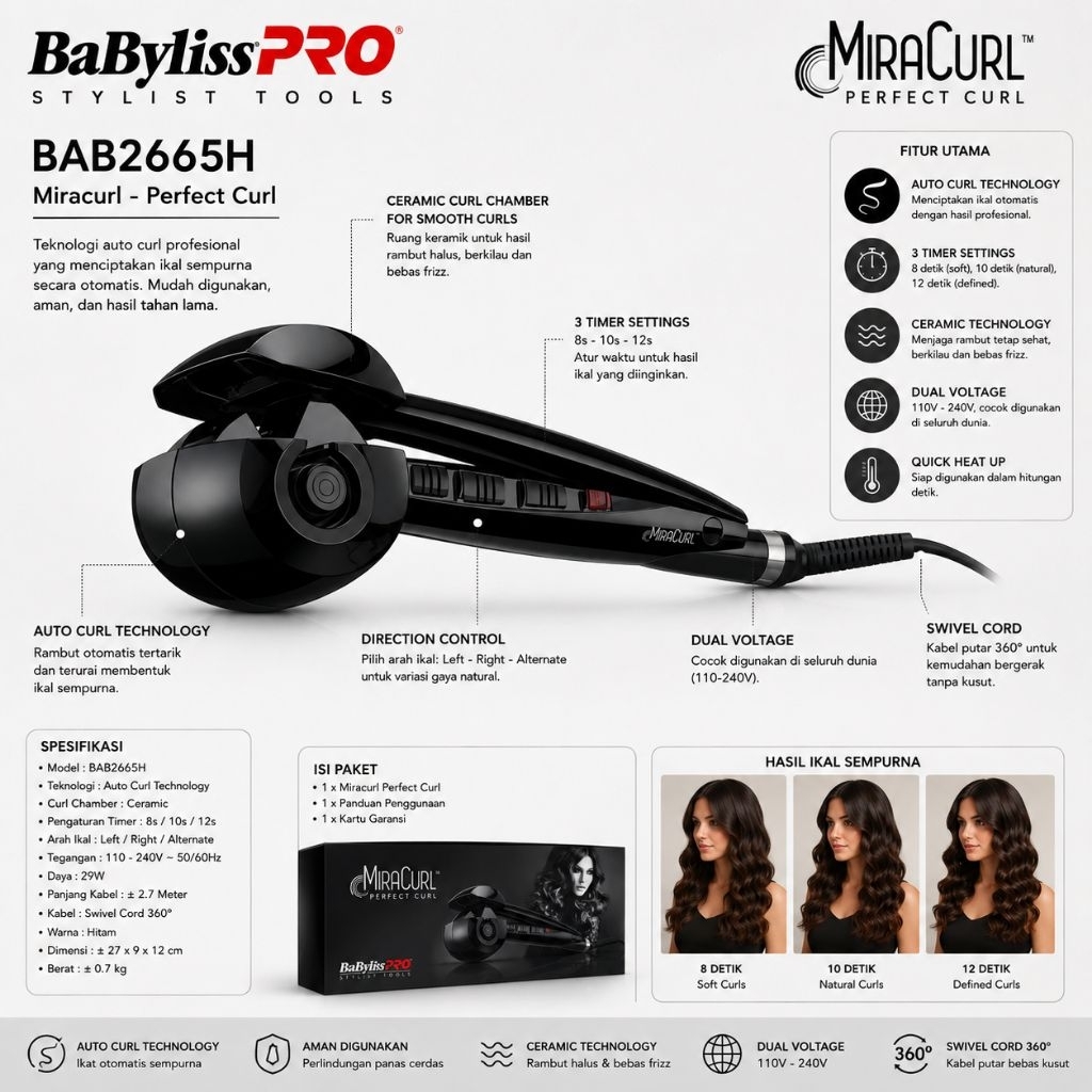 BaByliss PRO Miracurl Perfect Curl BAB2665H Auto Curler Mesin Catok Curly Otomatis Professional Nano