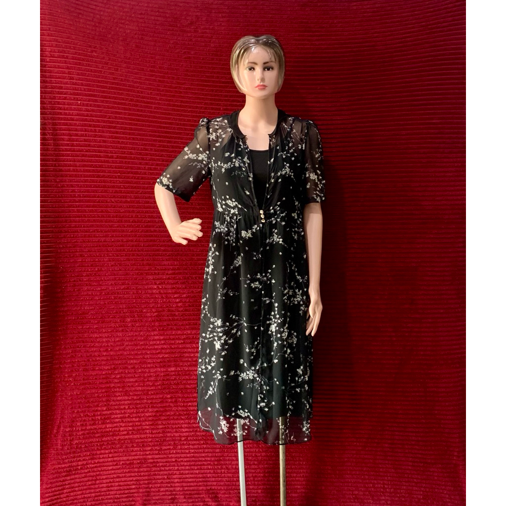 DRESS OUTER WANITA HITAM BUNGA PESTA MEWAH | SIFON TILE CANTIK KEKINIAN | LENGAN PENDEK | OUTFIT KON