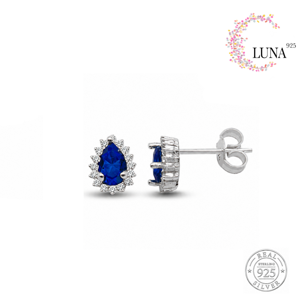 LUNA Perhiasan Wanita  - Anting Stud Batu Pear Warna 4x6 Perak Asli - Silver 925