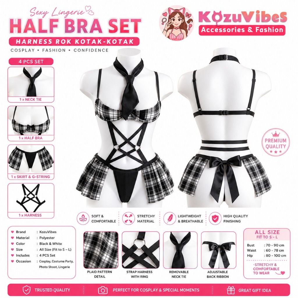 Kozuvibes Cosplay Sexy Lingerie Half Bra Set Harness Rok Kotak Kotak