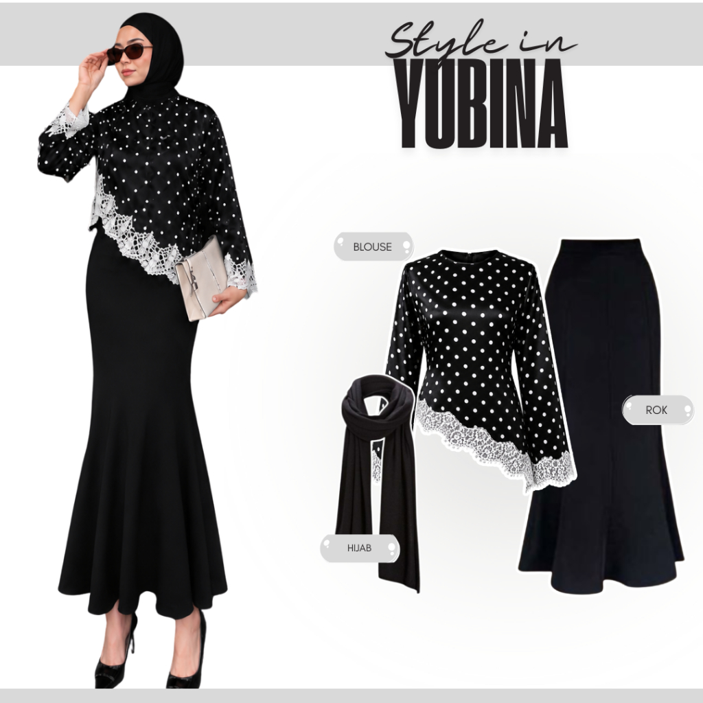 One Set 3in1 Set Outfit Kekinian ( Blouse Polka Renda+Rok Duyung+Hijab ) Yubina Style Fashion Remaja
