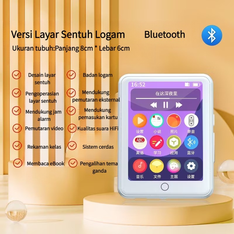 MP3 Player MP4 Touchscreen Bluetooth 128GB untuk Pelajar, Pemutar Musik Digital Portable Mini dengan
