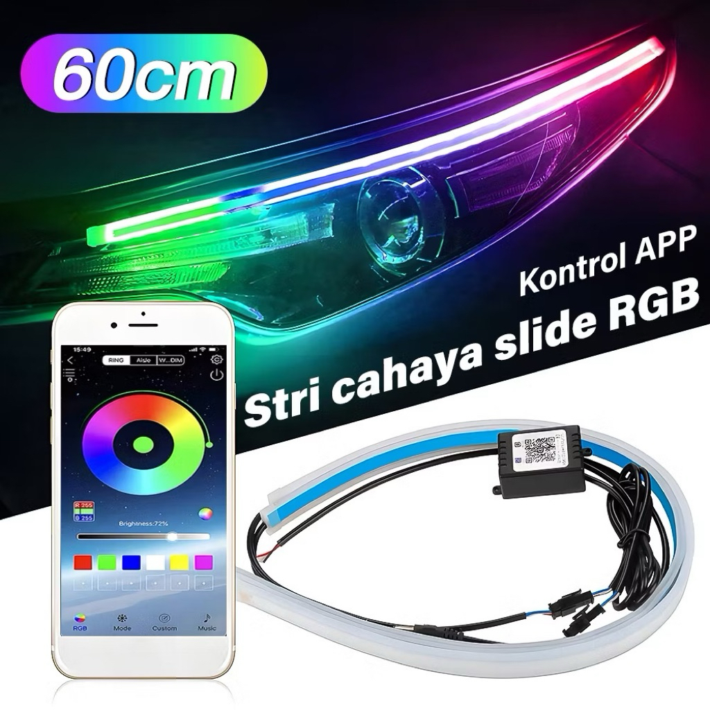 Lampu DRL RGB 60CM Strip LED Mobil Kontrol APP Running Light Cahaya Slide RGB Universal