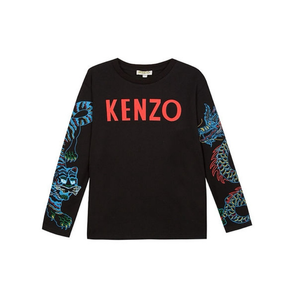 baju kaos katun lengan panjang anak cowok KENZO KIDS black longs sleeved T-Shirt with Dragon