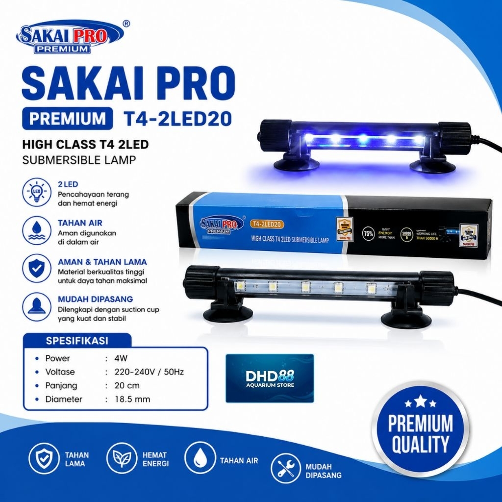 SAKAI PRO Premium T4-2LED20 Lampu Submersible 4W 220-240V 20cm Warna Putih Biru Tahan Air Hemat Ener