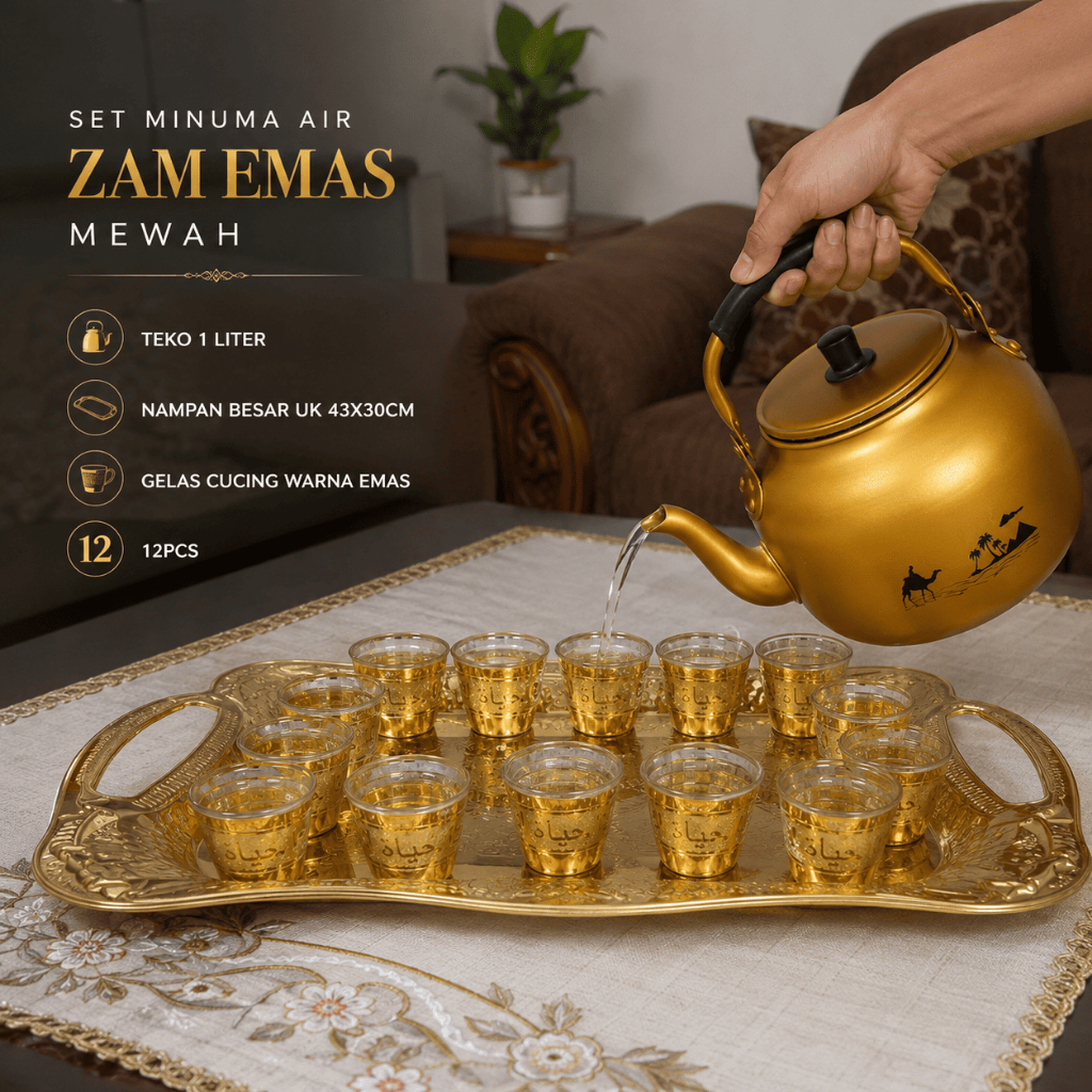 Set Teko Stainless Air Zam Zam Arab 1L Warna Emas + Nampan dan 12 Gelas Haji Umroh