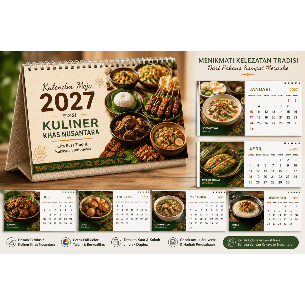 Kalender Meja 2027 A5 Estetik – Tema Masakan Nusantara Bisa Scan Resep Praktis Tanpa Ribet