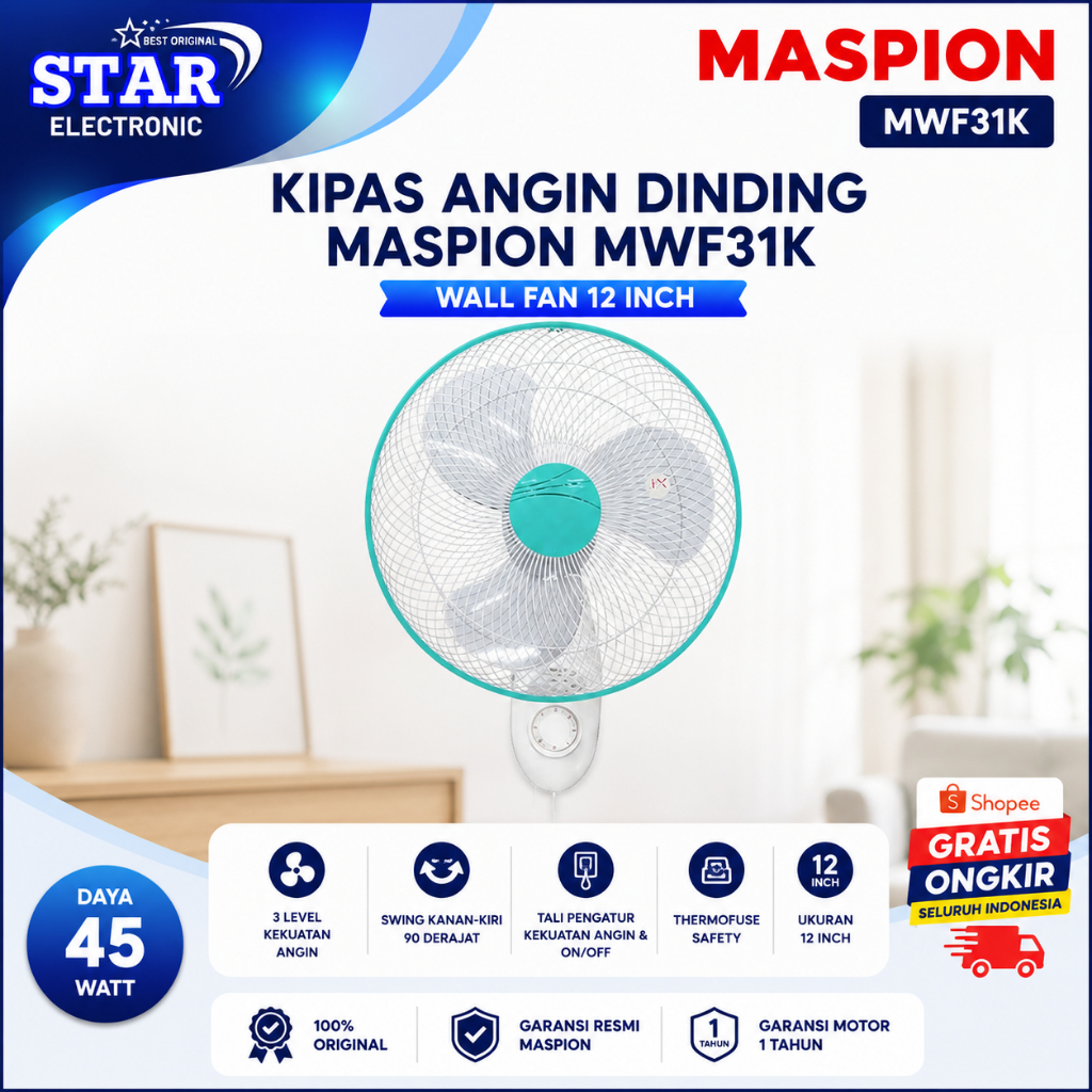 KIPAS ANGIN DINDING MASPION MWF31K/MWF-31K/MWF-31-K/MWF 31 K/MWF 31K/ORIGINAL BERGARANSI RESMI