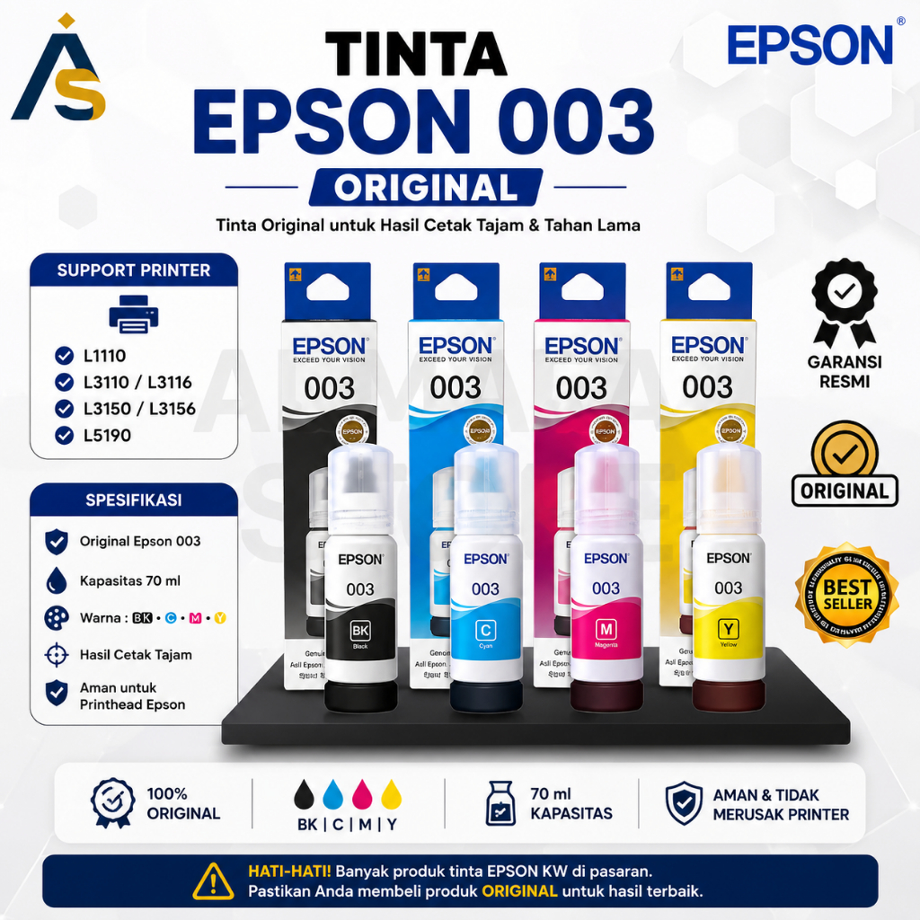 Epson Ink Original Tinta Printer Tinta Epson 003 PREMIUM Untuk Printer L1110 L3100 L3101 L3110 L3150