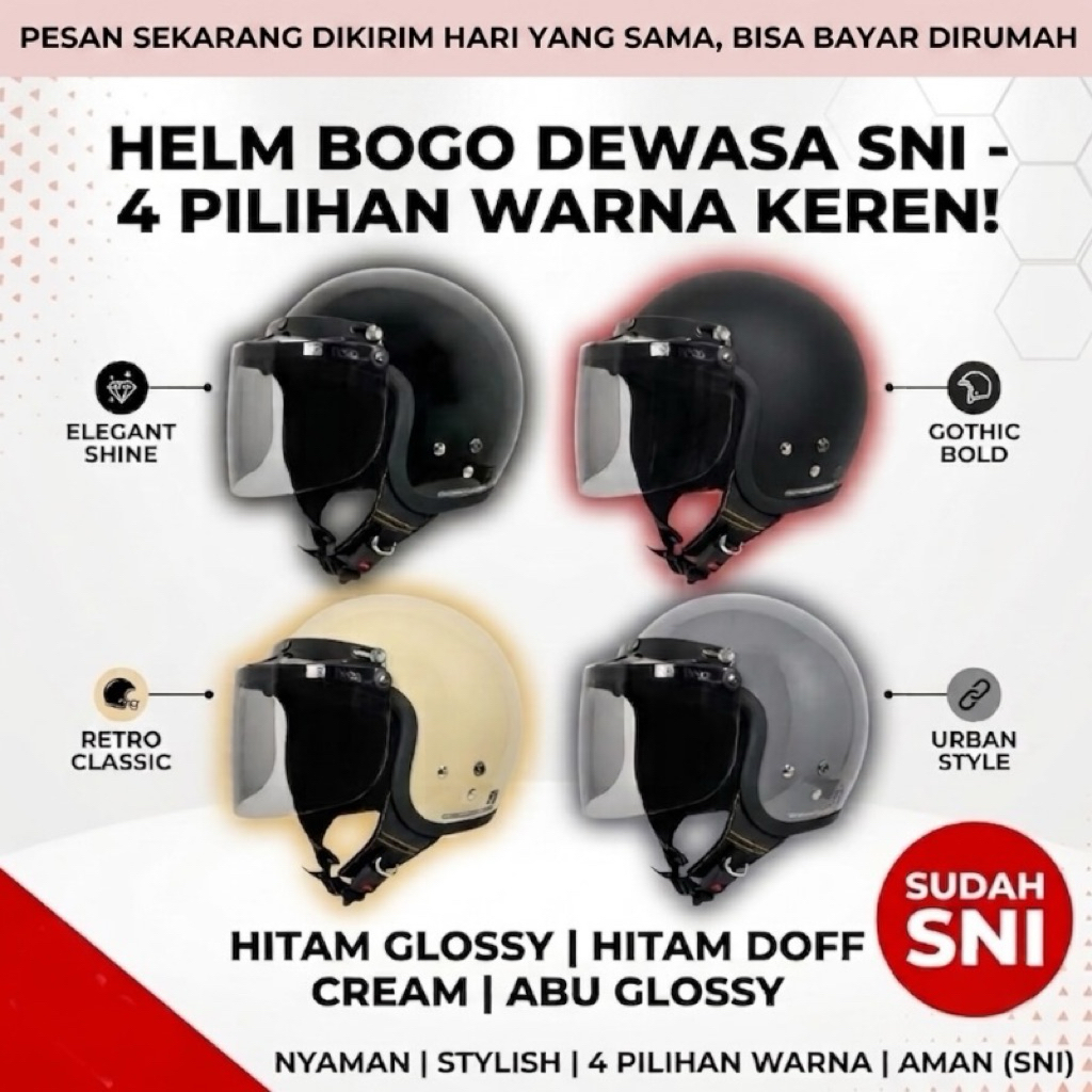 Helm Bogo Retro Dewasa Polos PET Full Leher SNI Bisa Untuk Cewek Cowok Kekinian