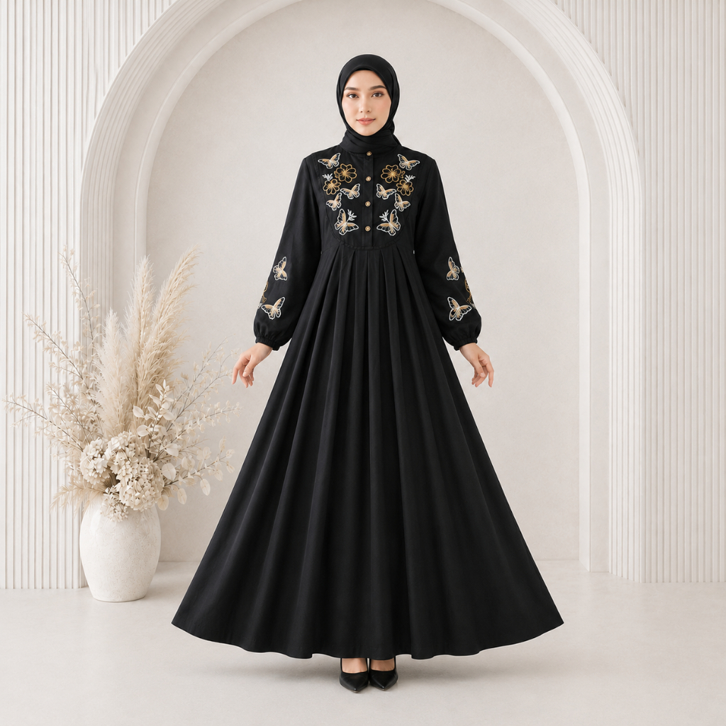 Zeeya Collection Valenka Gamis Bordir Dress HItam Rayon Twill Busui Friendly Size M L XL
