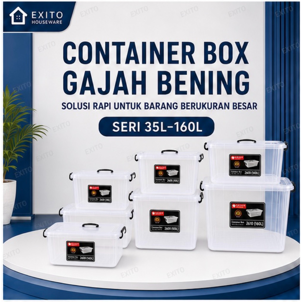 CB | CONTAINER BOX GAJAH BENING 35L–160L BOX PENYIMPANAN BESAR TEBAL KUAT DENGAN GAGANG