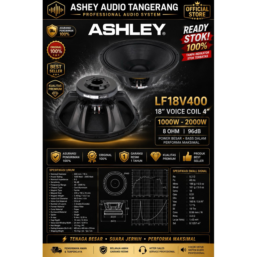 SPEAKER KOMPONEN ASHLEY 18INCH LF18V400 LF 18V400 ORIGINAL RESMI ASHLEY