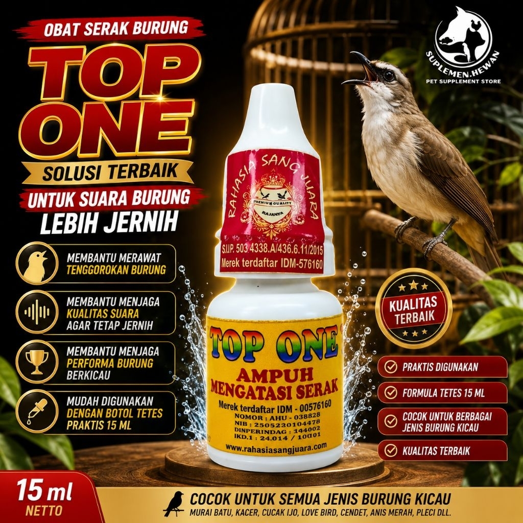 TOP ONE Obat Serak Burung 15ml Obat Tenggorokan Burung Kicau Murai Kacer Cucak Ijo Pleci Kenari Love